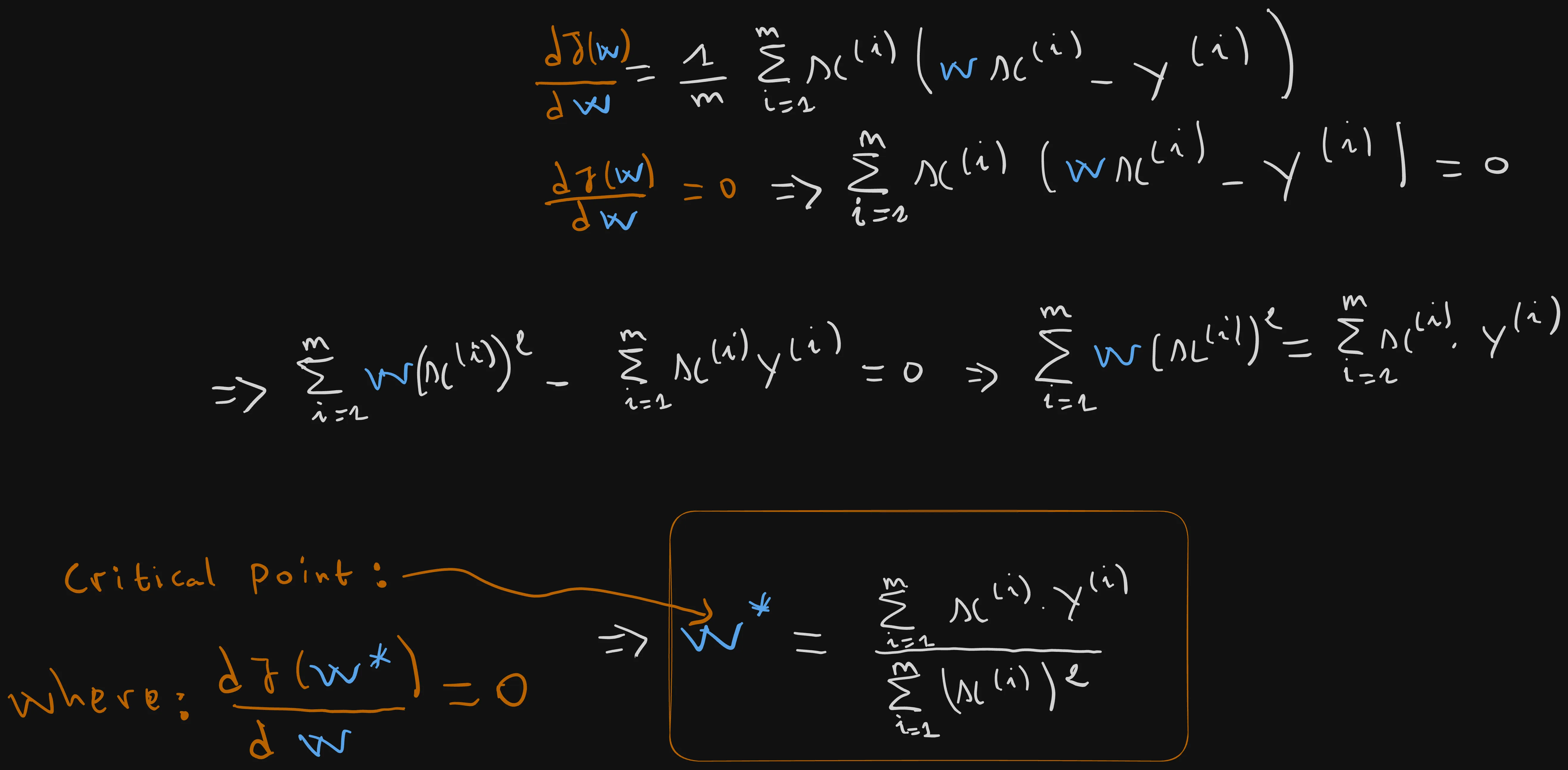 Deriving the critical point w*, which nullifies the derivative of the cost J