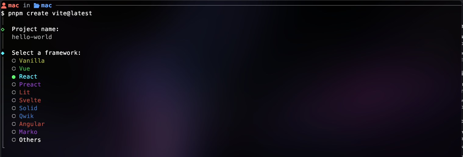 Vite CLI prompting the user to choose a framework
