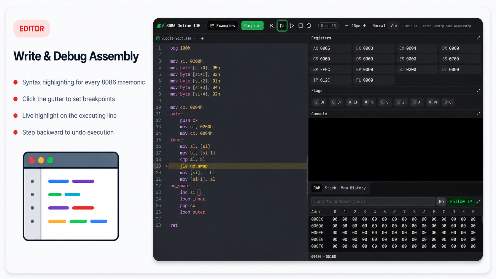 Write and debug assembly